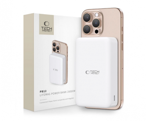 Nešiojamas įkroviklis - akumuliatorius 20000mAh USB + USB C 15W su bevieliu įkrovikliu, su indikatoriumi QC baltas (white) Tech-Protect PB12